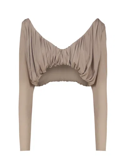 Saint Laurent Pleated Cropped Blouse In Beige