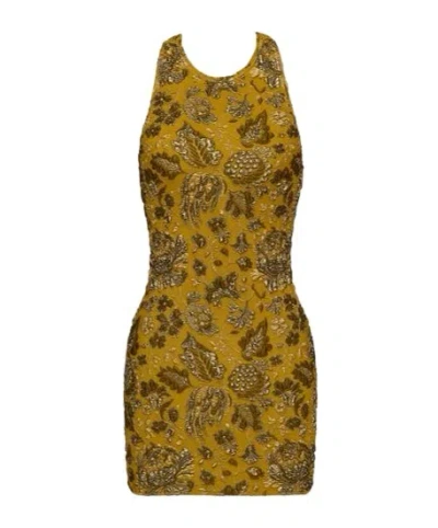 Saint Laurent Cross-back Mini Dress In Stretch Brocade In Yellow
