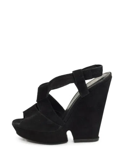 Pre-owned Saint Laurent Crossover-strap Wedge Sandals In Black