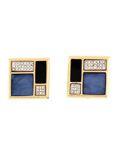 Pre-owned Saint Laurent Crystal & Resin Square Clip-on Earrings In Black/blue