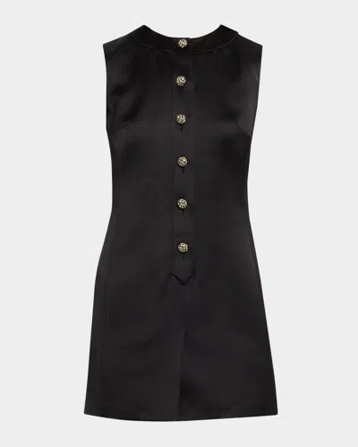 Saint Laurent Crystal Buttoned Satin Sleeveless Mini Dress In Black
