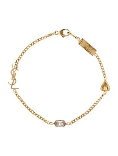 Pre-owned Saint Laurent Crystal Cassandre Heart Charm Bracelet, 6.25" In Transparent