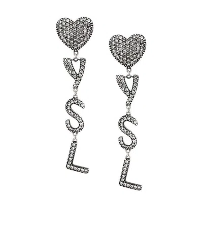 Saint Laurent Heart Ysl Clip Earrings In Argent Oxyde/crystal