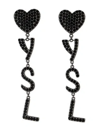 Pre-owned Saint Laurent Crystal Embellished Opyum Ysl Heart Clip-on Drop Earrings In Black