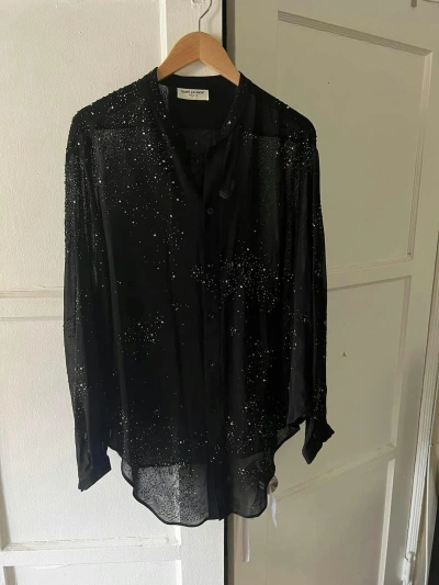 Pre-owned Saint Laurent Crystal Embellished Sheer Tie Up Shirt In Black