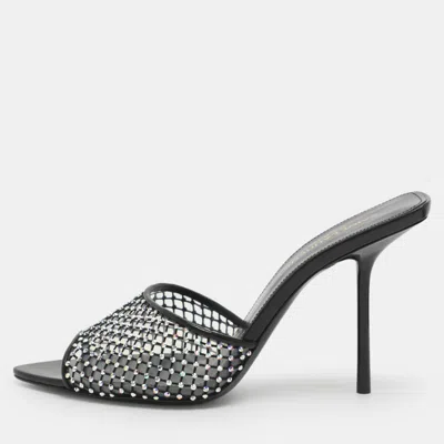 Pre-owned Saint Laurent Crystal Embellished Size 38 Black Mesh And Pvc Slide Sandals