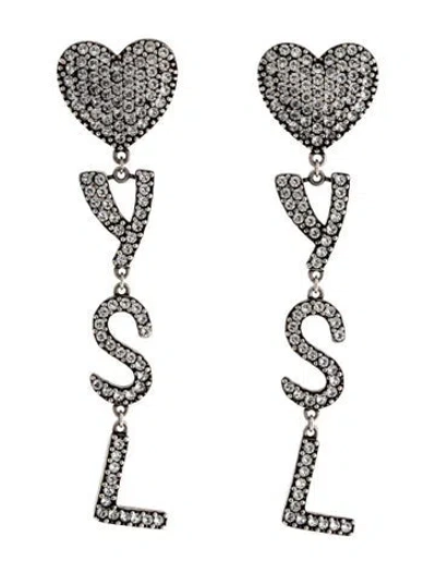 Pre-owned Saint Laurent Crystal Opyum Ysl Heart Drop Earrings In Clear