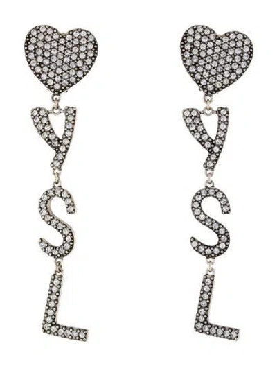 Pre-owned Saint Laurent Crystal Ysl Clip-on Drop Earrings In Clear