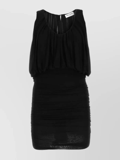 Saint Laurent Cupro Mini Dress With Draped Top And Sheer Shoulder Panels In Black