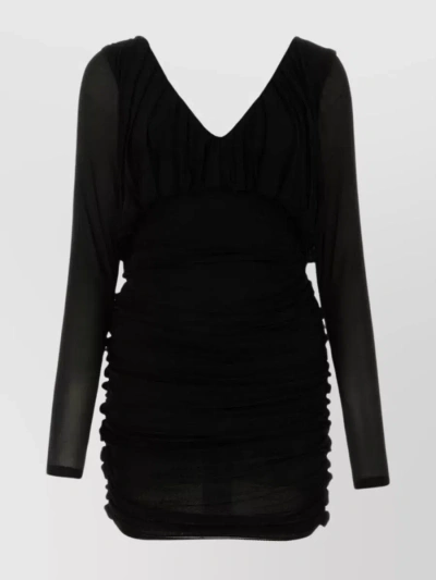 Saint Laurent Cupro Mini Dress With V Neckline And Sheer Sleeves In Black
