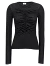 Saint Laurent Ruched V-neck Sheer Knitwear With Slim Fit In Black