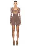 Saint Laurent Cut Out Long Sleeve Dress In Taupe