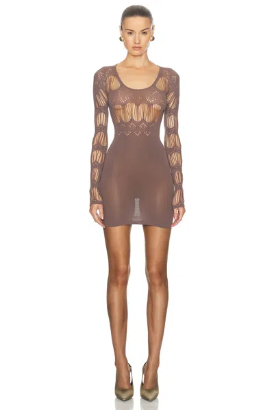 Saint Laurent Cut Out Long Sleeve Dress In Taupe