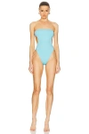 Saint Laurent Strapless Cutout Open-back Swimsuit In Bleu Topaze