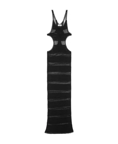 Saint Laurent Cut-out Striped Crochet Maxi Dress In Black