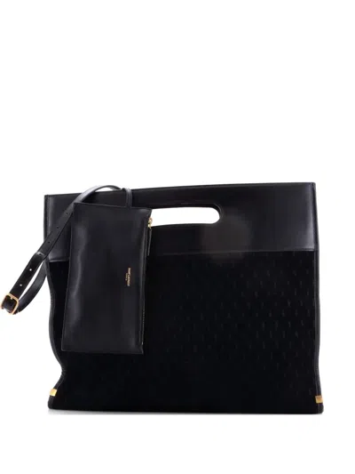 Pre-owned Saint Laurent Cutout Convertible Monogram All Over Suede Tote Bag In Black