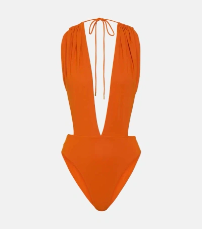 Saint Laurent Cutout Halterneck Swimsuit In Orange