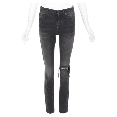 Pre-owned Saint Laurent D06 Grey Washed Denim Mid Waist Distressed Skinny Jeans 26" In Gray