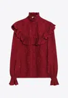 Saint Laurent Ruffled Floral Silk-jacquard Blouse In Red