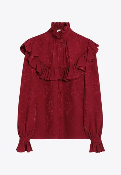 Saint Laurent Damask Floral Jacquard Silk Shirt In Red