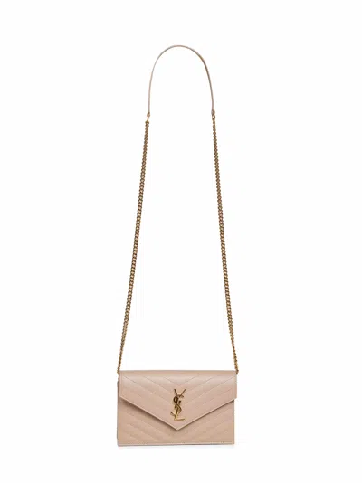 Saint Laurent Dark Beige Cassandre Classic Envelope Clutch With Chain Shoulde Strap In Sand