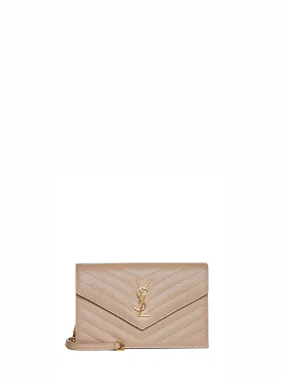 Saint Laurent Dark Beige Cassandre Classic Envelope Clutch With Chain Shoulde Strap In Sand