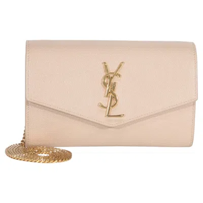Pre-owned Saint Laurent Dark Beige Grain De Poudre Uptown Chain Wallet In Brown