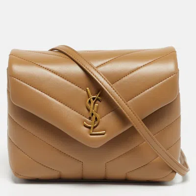 Pre-owned Saint Laurent Dark Beige Matelassé Leather Toy Loulou Crossbody Bag In Sand