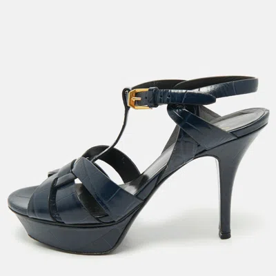 Pre-owned Saint Laurent Dark Blue Croc Embossed Leather Tribute Ankle Strap Sandals Size 37