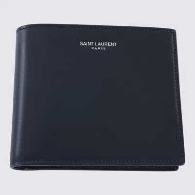 Saint Laurent Dark Blue Leather Wallet In Black