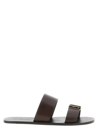 Saint Laurent Leather Slip-on Slippers For Men With Cushioned Footbed In Brown