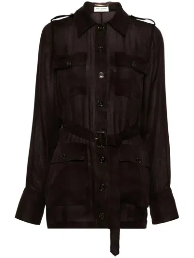 SAINT LAURENT DARK BROWN SAHARIENNE DRESS IN SILK