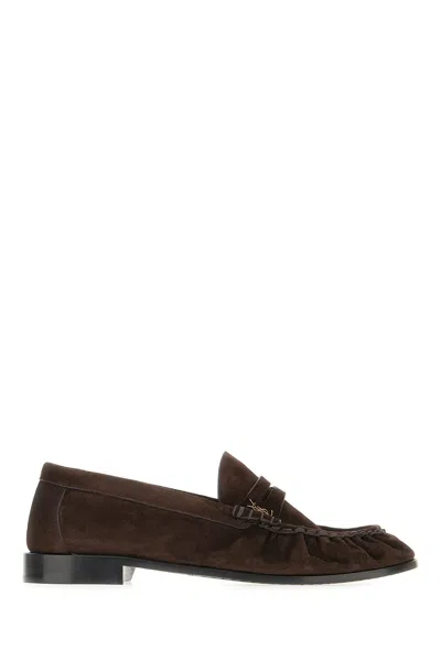 Saint Laurent Suede Loafers With Cassandre Detailing In Brown
