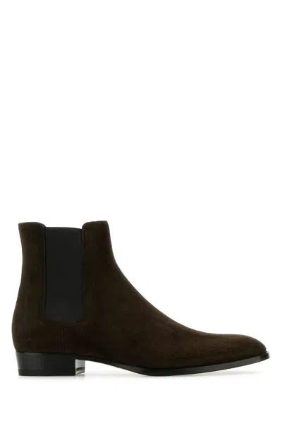 SAINT LAURENT DARK BROWN SUEDE WYATT ANKLE BOOTS