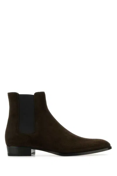 Saint Laurent Dark Brown Suede Wyatt Ankle Boots