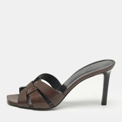 Pre-owned Saint Laurent Dark Brown Tribute Slide Sandals Size 40