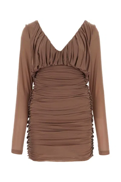 Saint Laurent Jersey V-neck Mini Dress With Ruched Sleeves In Brown