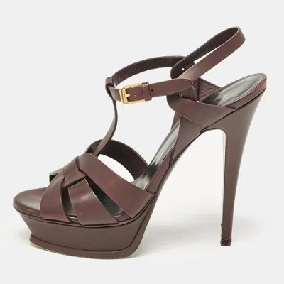 Pre-owned Saint Laurent Dark Burgundy Leather Tribute Platform Sandals Size 39