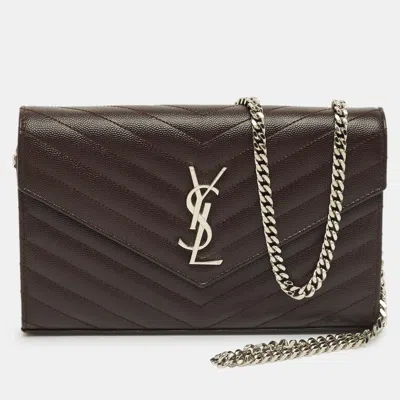 Pre-owned Saint Laurent Dark Burgundy Matelassé Leather Cassandre Wallet On Chain