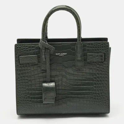 Pre-owned Saint Laurent Dark Green Croc Embossed Leather Nano Classic Sac De Jour Tote
