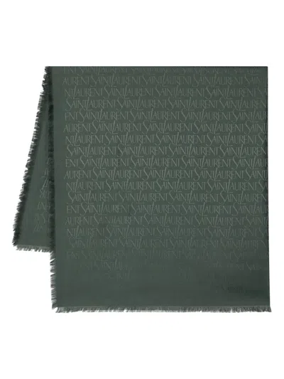Saint Laurent Logo-jacquard Fringed Scarf In Green