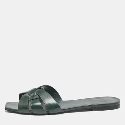 Pre-owned Saint Laurent Dark Green Patent Tribute Flat Slides Size 40.5
