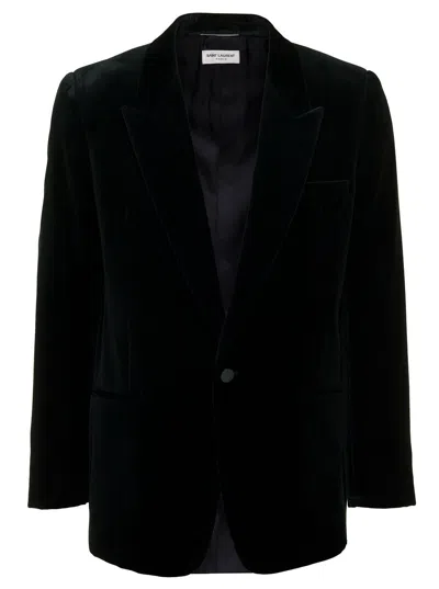 Saint Laurent Dark Green Single-breasted Jacket With Single Button In Velvet Man