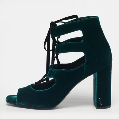 Pre-owned Saint Laurent Dark Green Velvet Loulou Ankle Tie Sandals Size 41