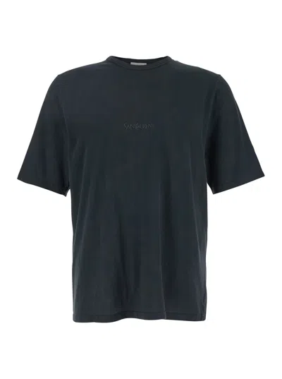 Saint Laurent Dark Grey T-shirt With Logo Lettering On The Front Tone-on-tone In Cotton Man In Animal Print