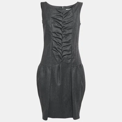 Pre-owned Saint Laurent Dark Grey Wool Smock Detail Sleeveless Mini Dress M