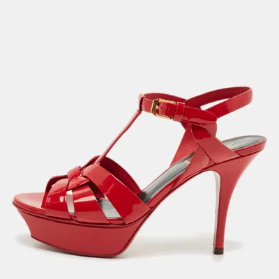 Pre-owned Saint Laurent Dark Red Patent Leather Tribute Platform Sandals Size 36