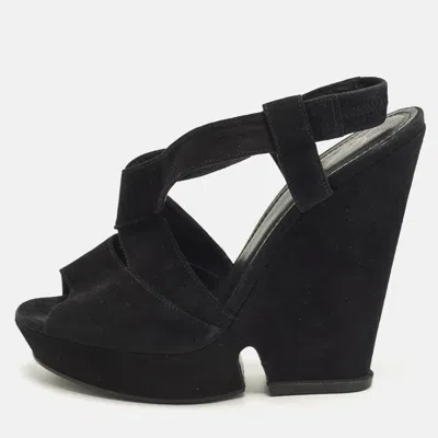 Pre-owned Saint Laurent Deauville Size 40 Black Suede Wedge Sandals