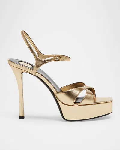 SAINT LAURENT DEBBIE METALLIC CRISSCROSS PLATFORM SANDALS
