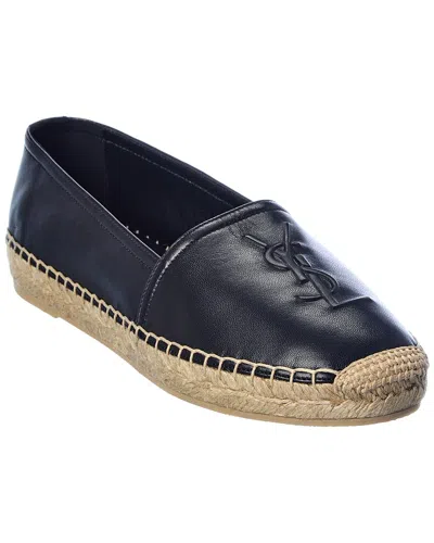 Saint Laurent Logo Embossed Calf Leather Flat Espadrilles In Black